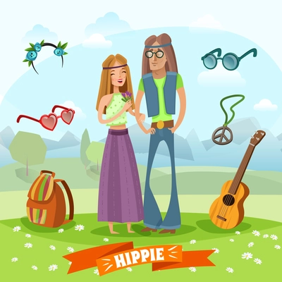 Subculture hippie composition with couple at meadow with accessories on natural landscape background cartoon style vector illustration