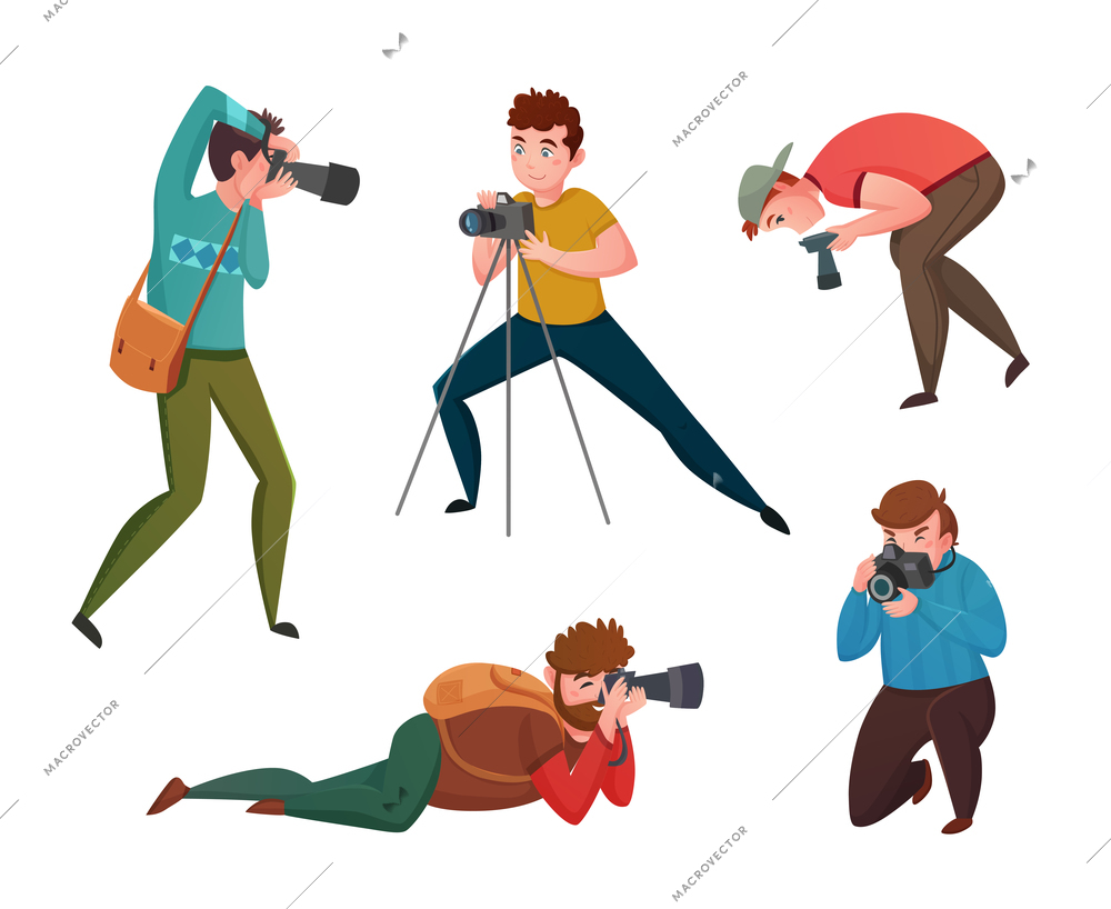 Male photographer in different poses with cameras decorative icons set isolated vector illustration