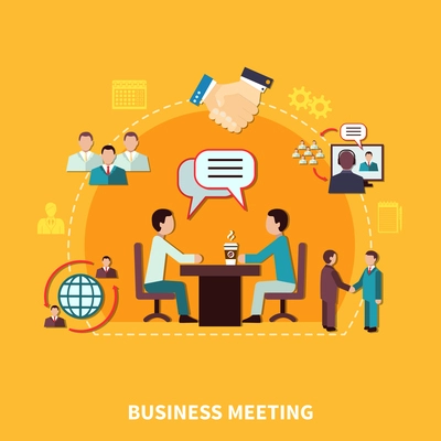 Business meeting composition with flat human characters at table discussion with handshake and user pictogram silhouettes vector illustration