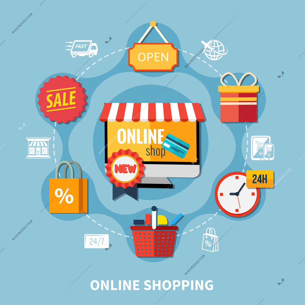 Ecommerce flat colored composition with online shopping headline and icons around in the form of ring vector illustration