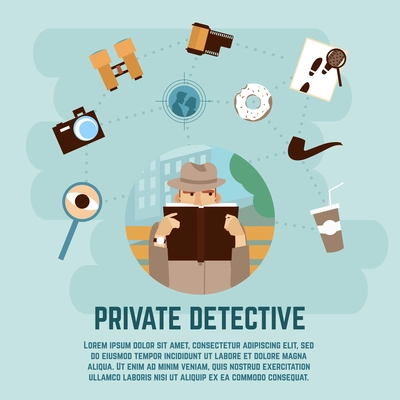 Private detective concept with camera magnifying glass and book flat vector illustration