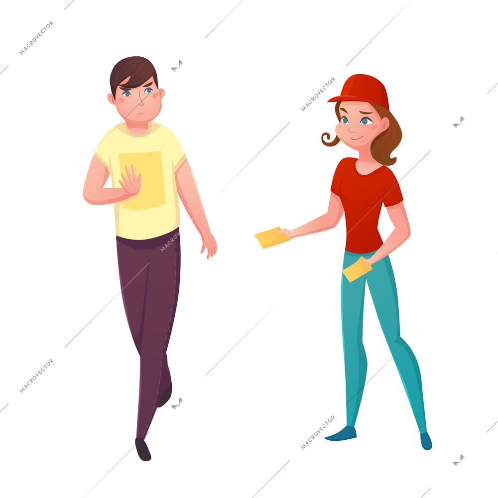 Street promotion decorative icons with figurines of young girl hands out advertising flyer and teen reject it flat vector illustration