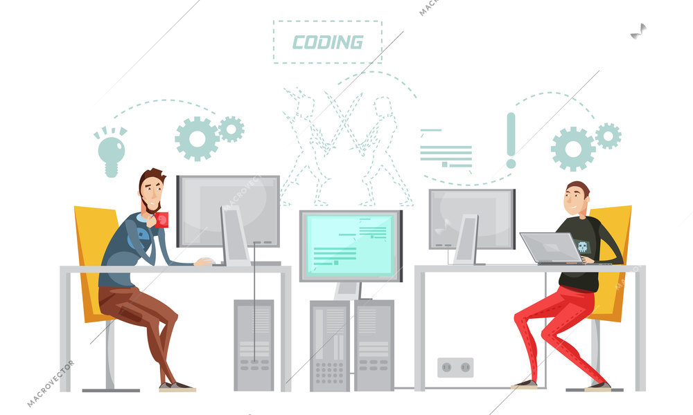 Colored game development flat composition with coding work process at the office vector illustration