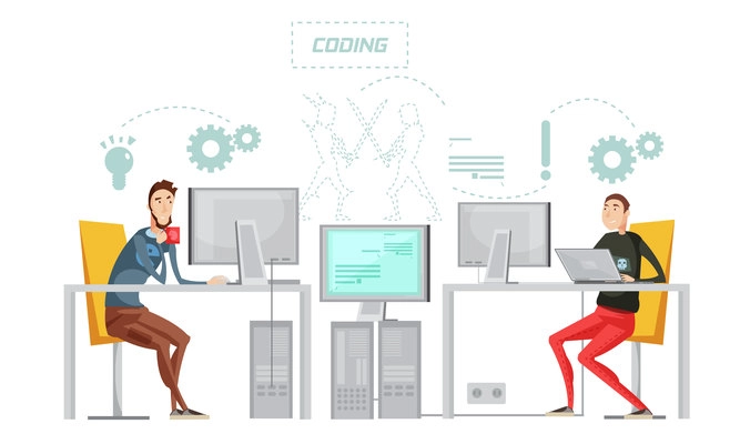 Colored game development flat composition with coding work process at the office vector illustration