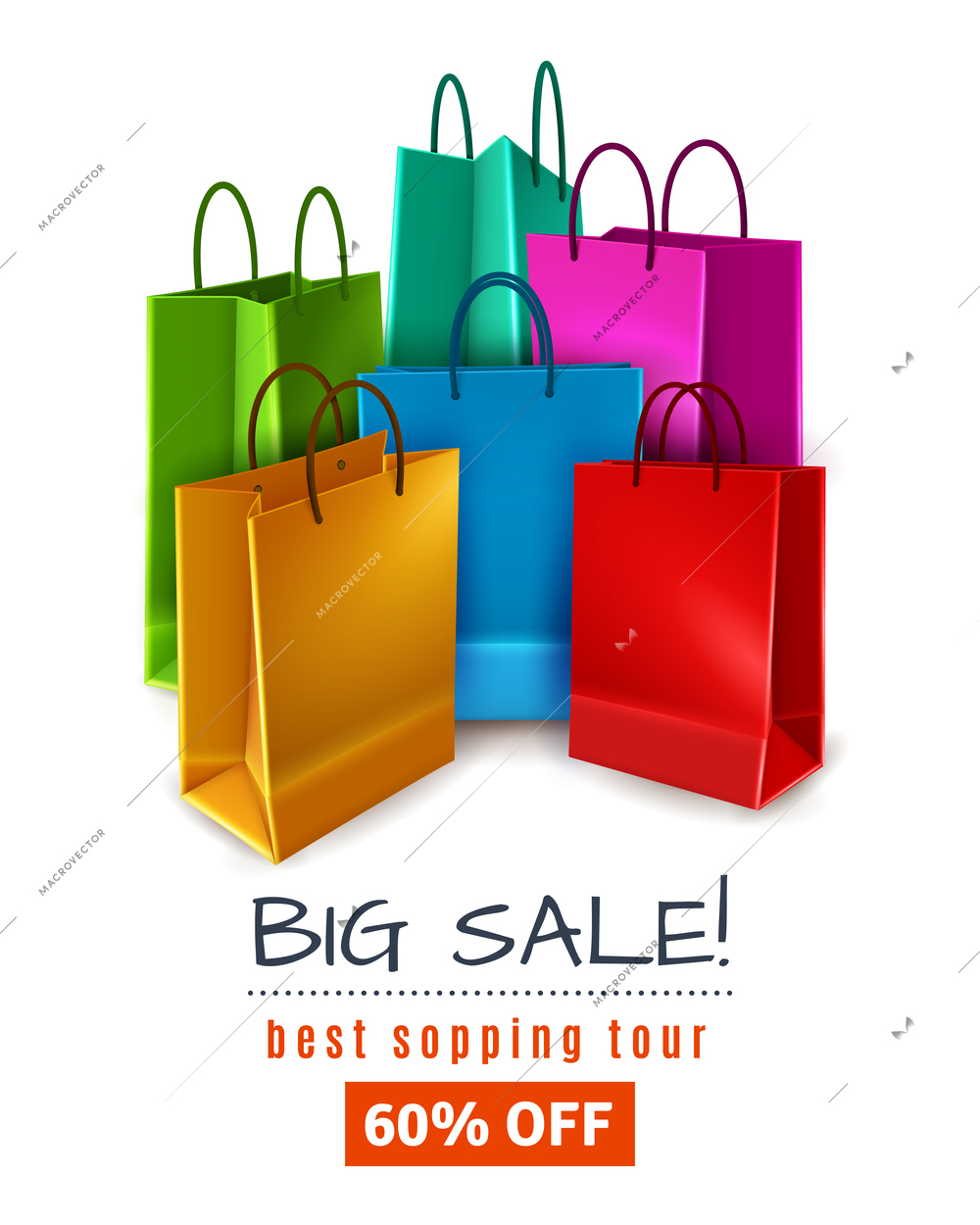 Big sale poster with colored paper shopping bags with handles on white background 3d vector illustration