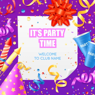 Club party announcement invitation colorful poster card template with confetti and festive decorations on purple background vector illustration