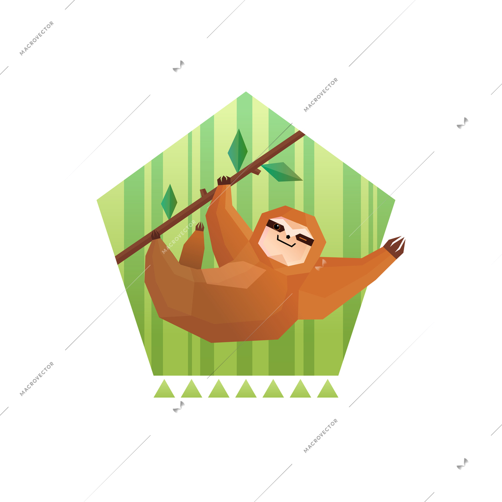 Sloth polygonal composition with flat tree sloth character hanging from a bough on minimalistic striped background vector illustation