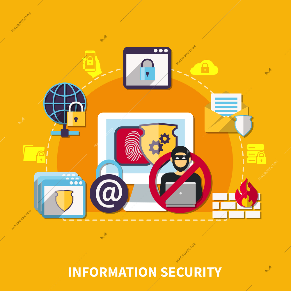 Information security concept with protection symbols on yellow background flat vector illustration