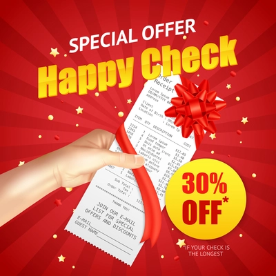 Hand holding special offer sales discount receipt bonus wrapped as gift red background advertisement poster vector illustration