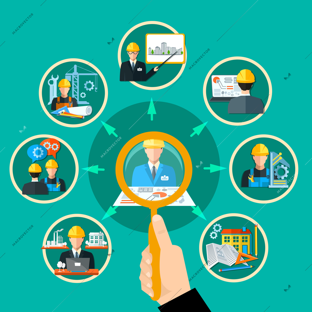 Engineering composition with hand magnifier and conceptual civil engineer images inscribed in circles connected by arrows vector illustration