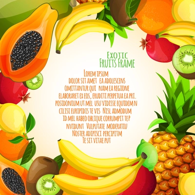 Exotic natural fruit food decorative frame with banana pineapple kiwi orange vector illustration