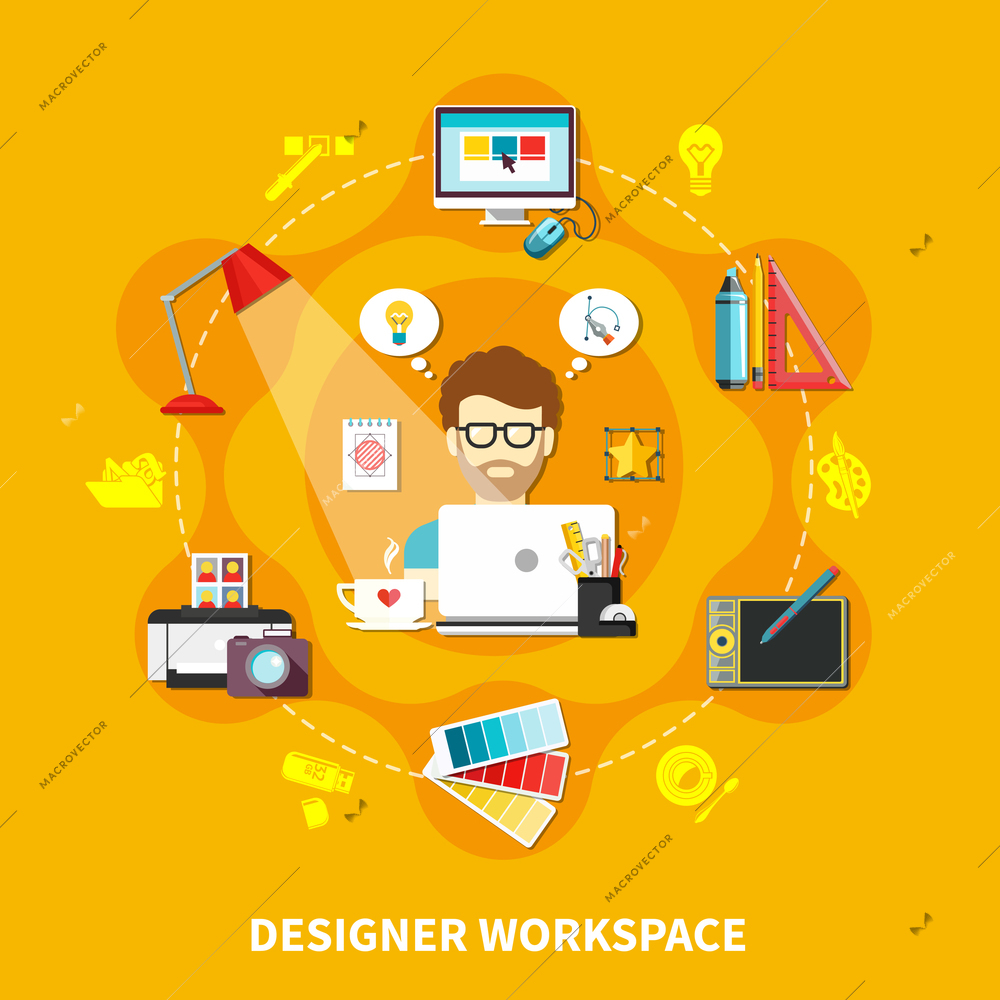 Designer tools flat composition with designer workplace description and man sits on work vector illustration