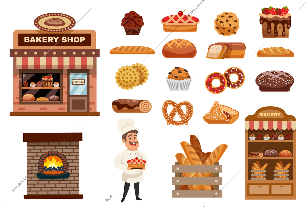 Bakery icons set with cook figurine bakery shop and baked goods collection flat isolated vector illustration