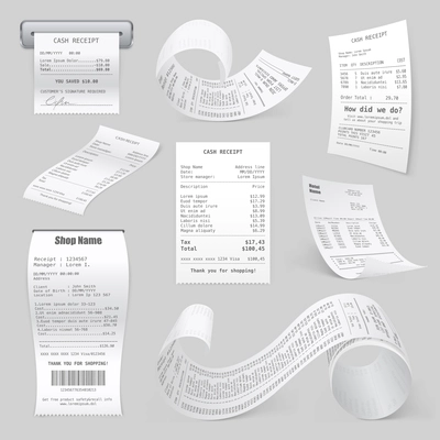 Cash register sales receipts printed on thermal rolled paper realistic samles set light gray background vector illustrations