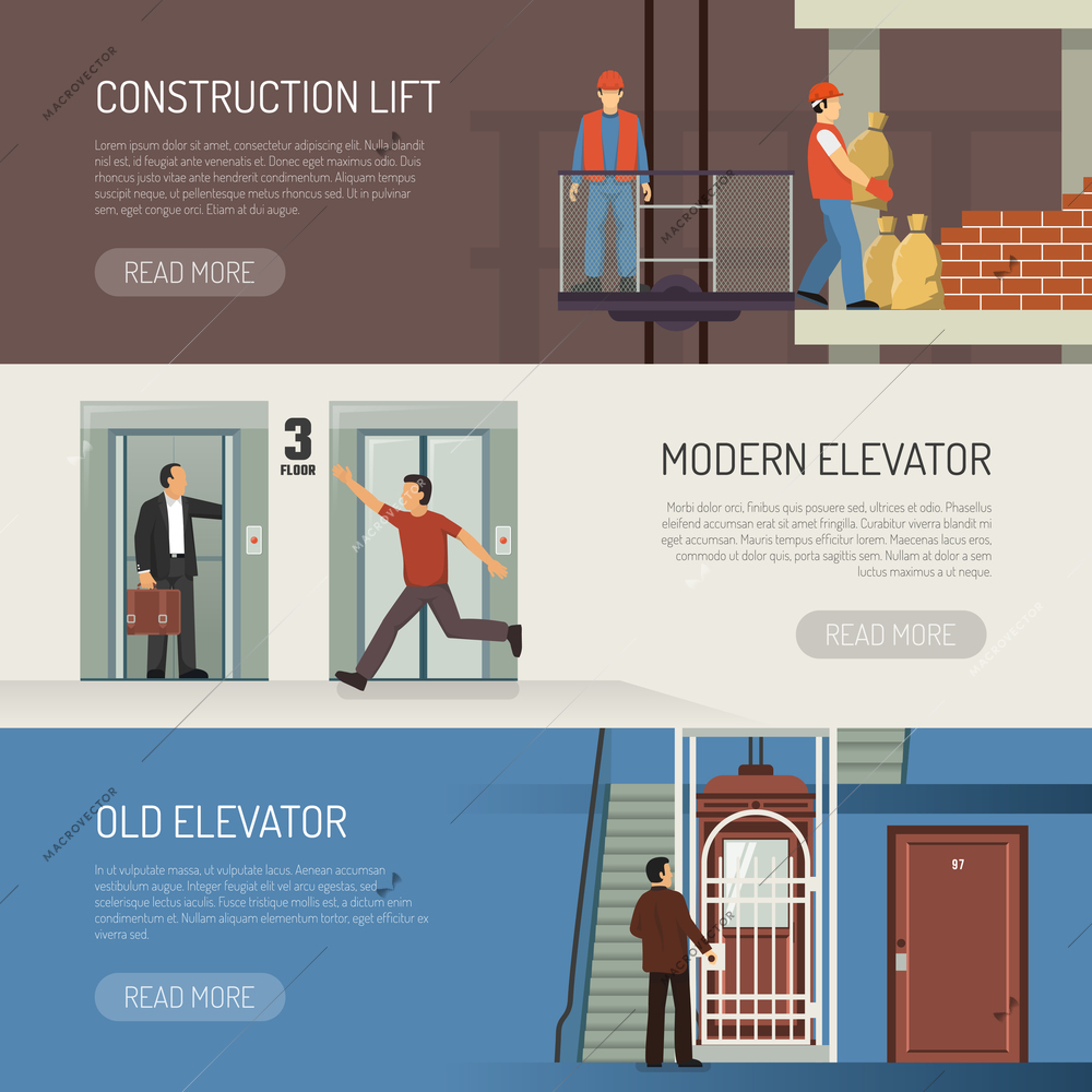 Elevator escalator stairs banners set with modern vintage and industrial lift images and read more button vector illustration