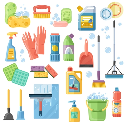 Selection of cleaning supplies tools accessories flat icons set with rubber gloves sponge brushes detergents vector illustration