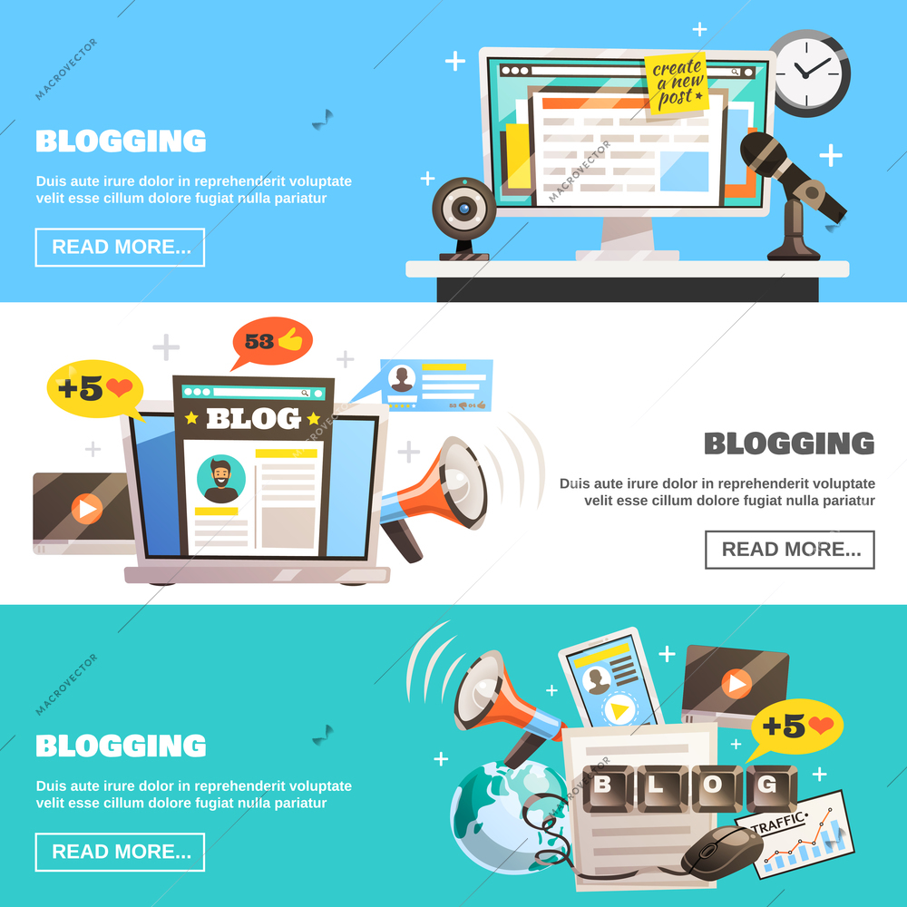 Blogger banners collection with doodle style image compositions and social network icons with read more button vector illustration