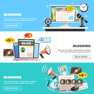 Blogger banners collection with doodle style image compositions and social network icons with read more button vector illustration