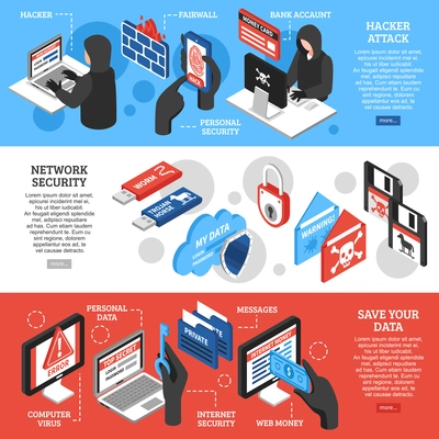 Set of horizontal isometric banners with hacker attacks network security and personal data protection isolated vector illustration