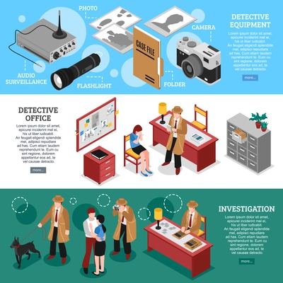 Detective horizontal banners set with isometric office furniture spying equipment and plainclothes man character with text vector illustration