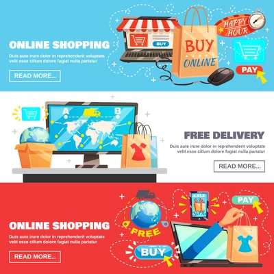 Electronic commerce horizontal banners set with online shopping and delivery image compositions with read more button vector illustration