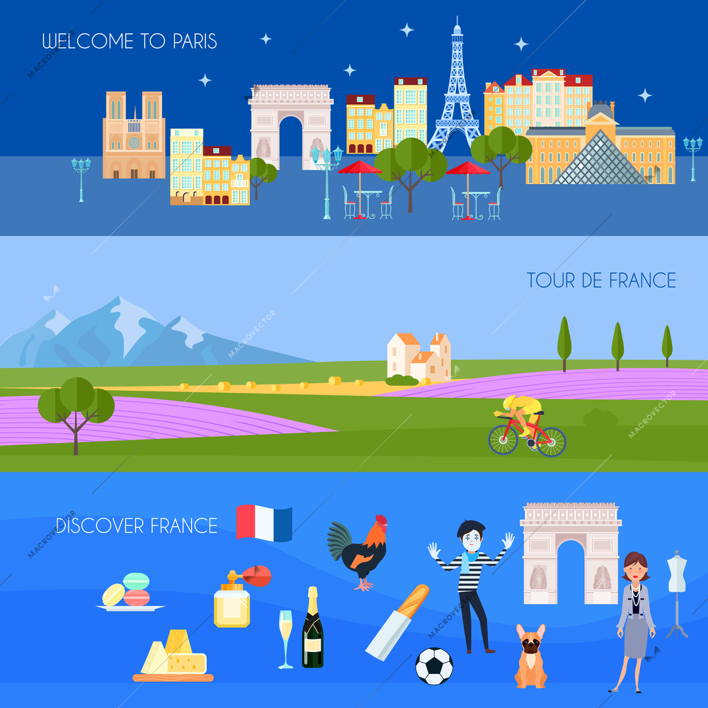 France horizontal banners set with Paris symbols flat isolated vector illustration
