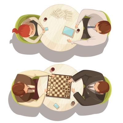 People over cup of coffee at round tables playing checkers and talking top view flat cartoon vector illustration