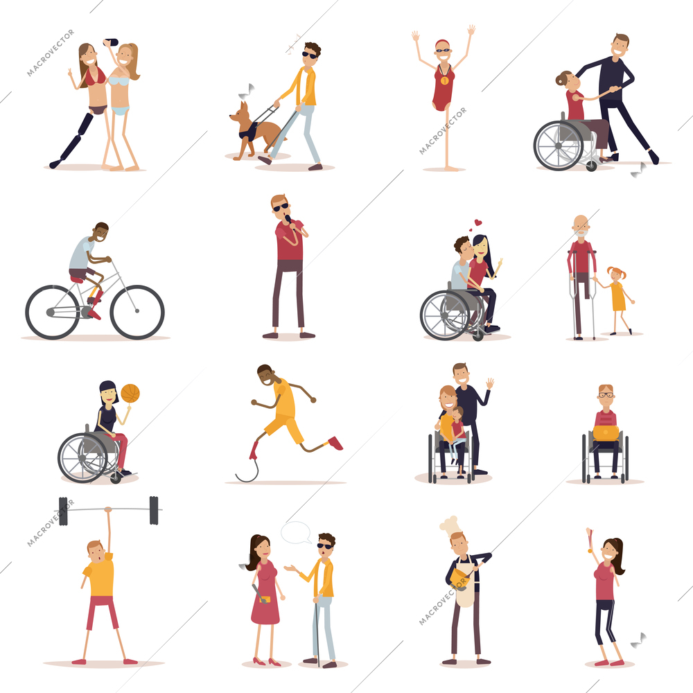 Disabled people icons set with sports and leisure symbols flat isolated vector illustration