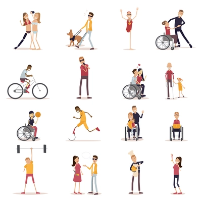 Disabled people icons set with sports and leisure symbols flat isolated vector illustration