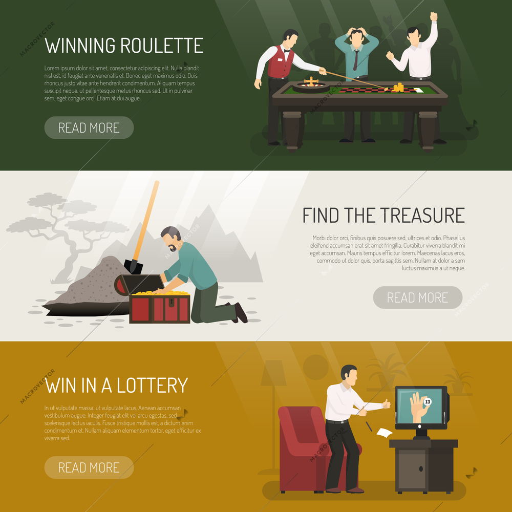 Gambling horizontal banners set with lottery and roulette symbols flat isolated vector illustration