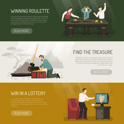 Gambling horizontal banners set with lottery and roulette symbols flat isolated vector illustration