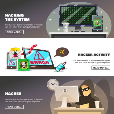 Hacker activity banners collection with flat computer security system damage images text and read more button vector illustration