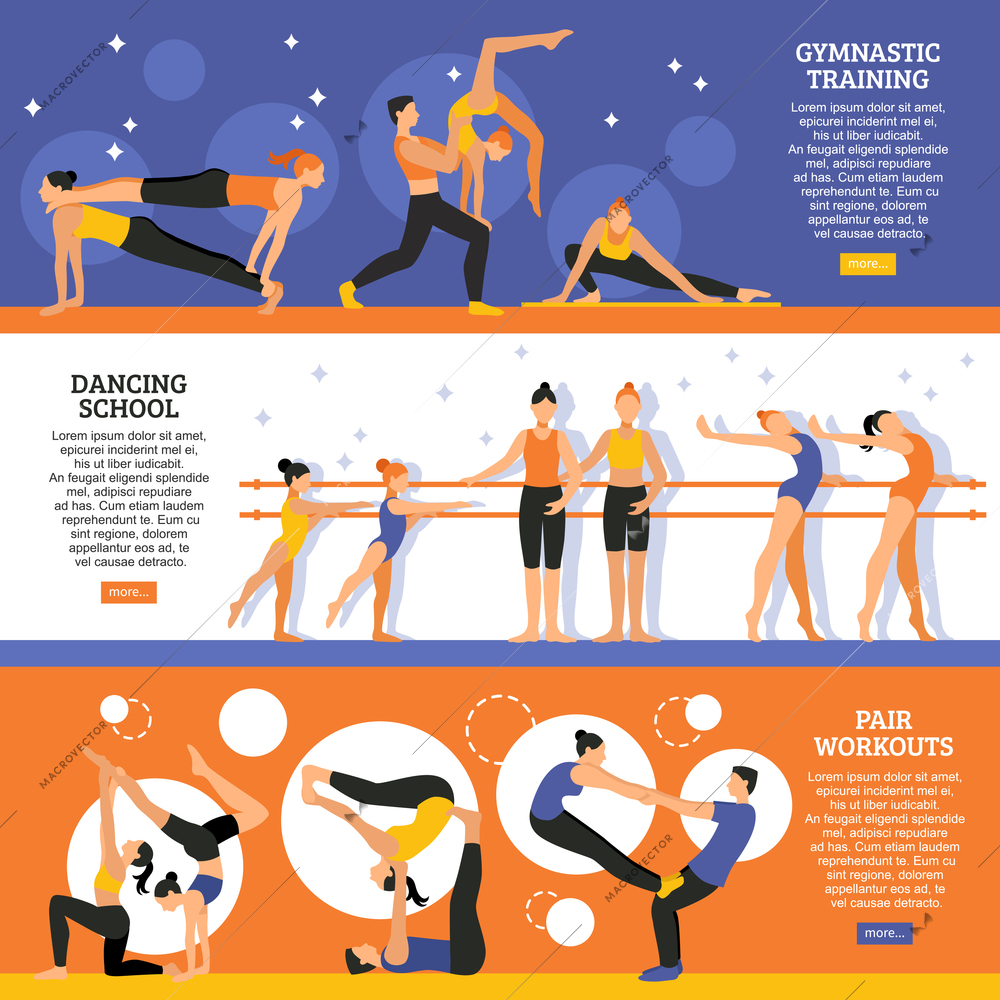 Horizontal flat banners set with dance school gymnastic training and exercises of acrobatic couple isolated vector illustration