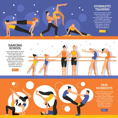 Horizontal flat banners set with dance school gymnastic training and exercises of acrobatic couple isolated vector illustration