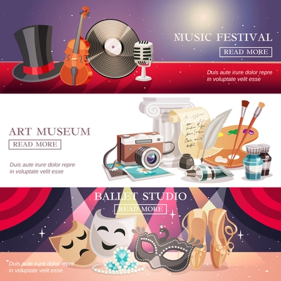 Set of horizontal banners with arts museum music festival and ballet studio isolated vector illustration