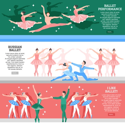 Horizontal flat banners set with ballet performance russian school and lovers of classic dance isolated vector illustration