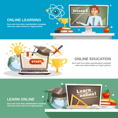 Online education horizontal banners with professional lecturer gives lessons on internet  flat vector illustration