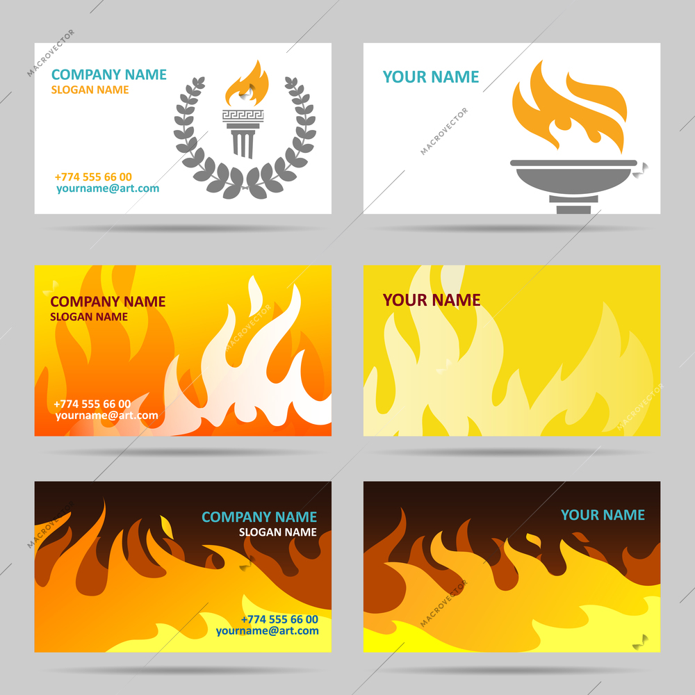 Fire fiery flames torch and laurel wreath paper business card set isolated vector illustration