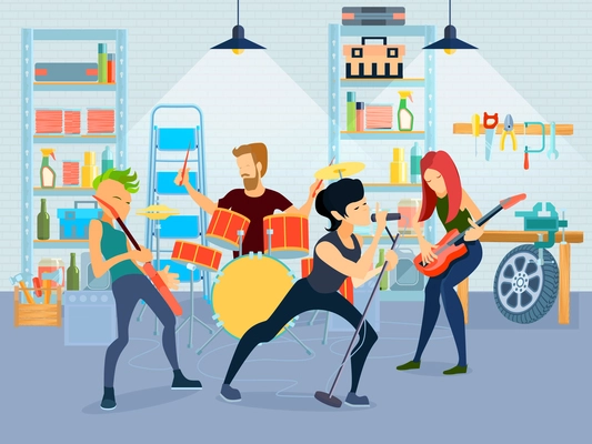 Colored flat young musicians composition four people playing guitar with band in garage vector illustration