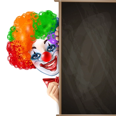 Circus clown smiling face shows from behind black chalkboard bright colorful composition advertisement poster realistic vector illustration