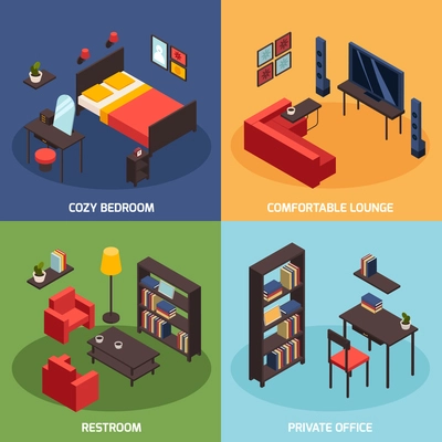 Living room concept icons set with comfortable lounge symbols isometric isolated vector illustration