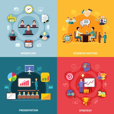 Business design concept with four square compositions of time management icons diagrams and goal achievement images vector illustration