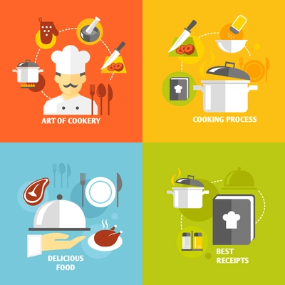 Art of cookery cooking process delicious food best recipes decorative icons set isolated vector illustration