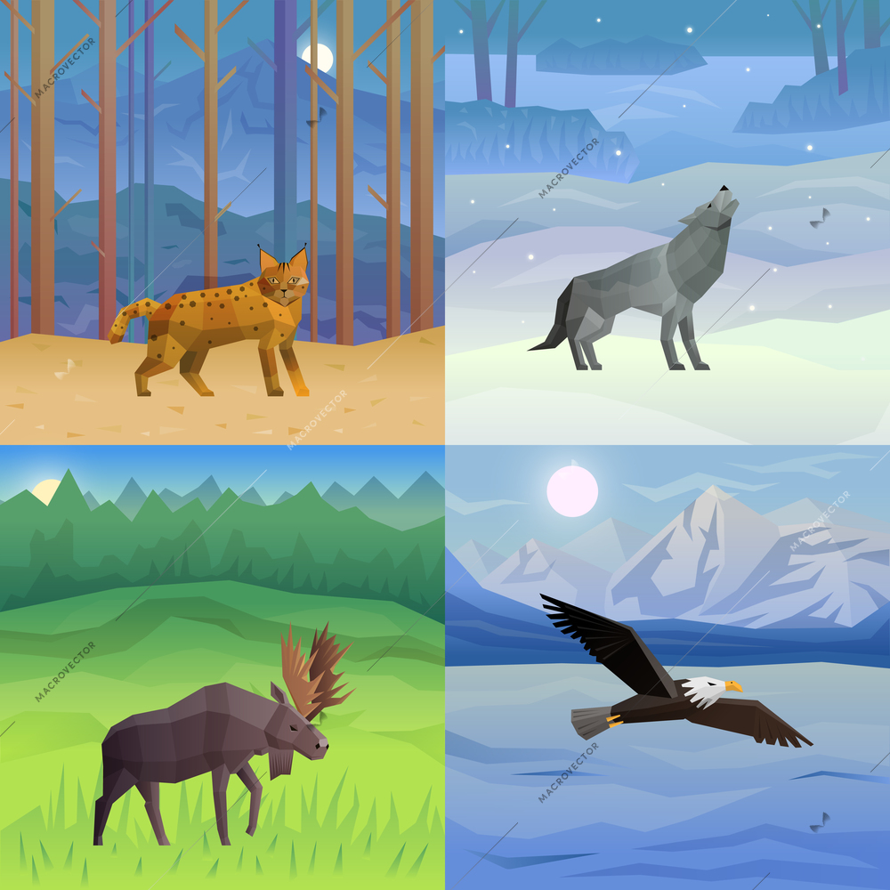 Polygonal 2x2 background with wild animals and birds in their habitat set isolated vector illustration