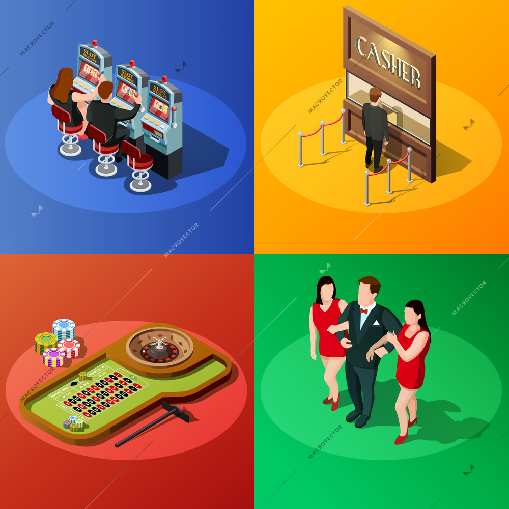 Casino 2x2 design concept with slot machine roulette cashier and winner square compositions isometric vector illustration