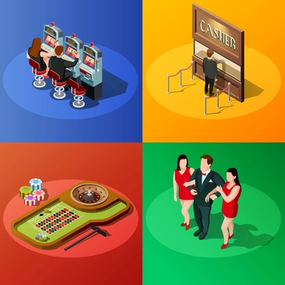 Casino 2x2 design concept with slot machine roulette cashier and winner square compositions isometric vector illustration