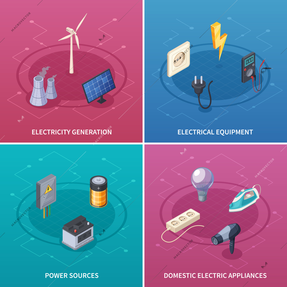 Electricity concept icons set with electrical equipment symbols isometric isolated vector illustration