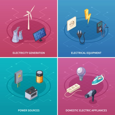 Electricity concept icons set with electrical equipment symbols isometric isolated vector illustration