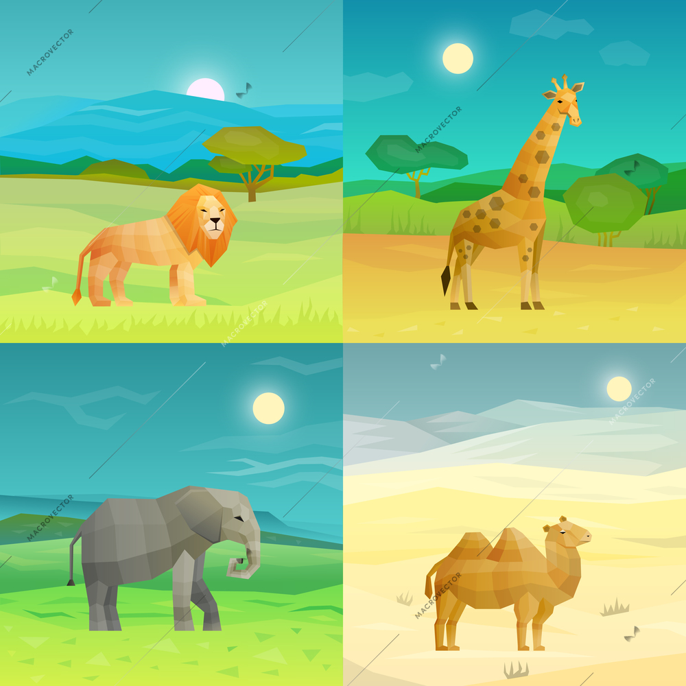 Polygonal african animals 2x2 set with elephant camel lion and giraffe on nature background isolated vector illustration