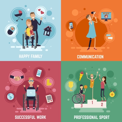 Disabled people concept icons set with communication symbols flat isolated vector illustration